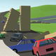 A screenshot of Stunt Derby, showing several cars crashing into each other and random boxes placed on the racetrack.